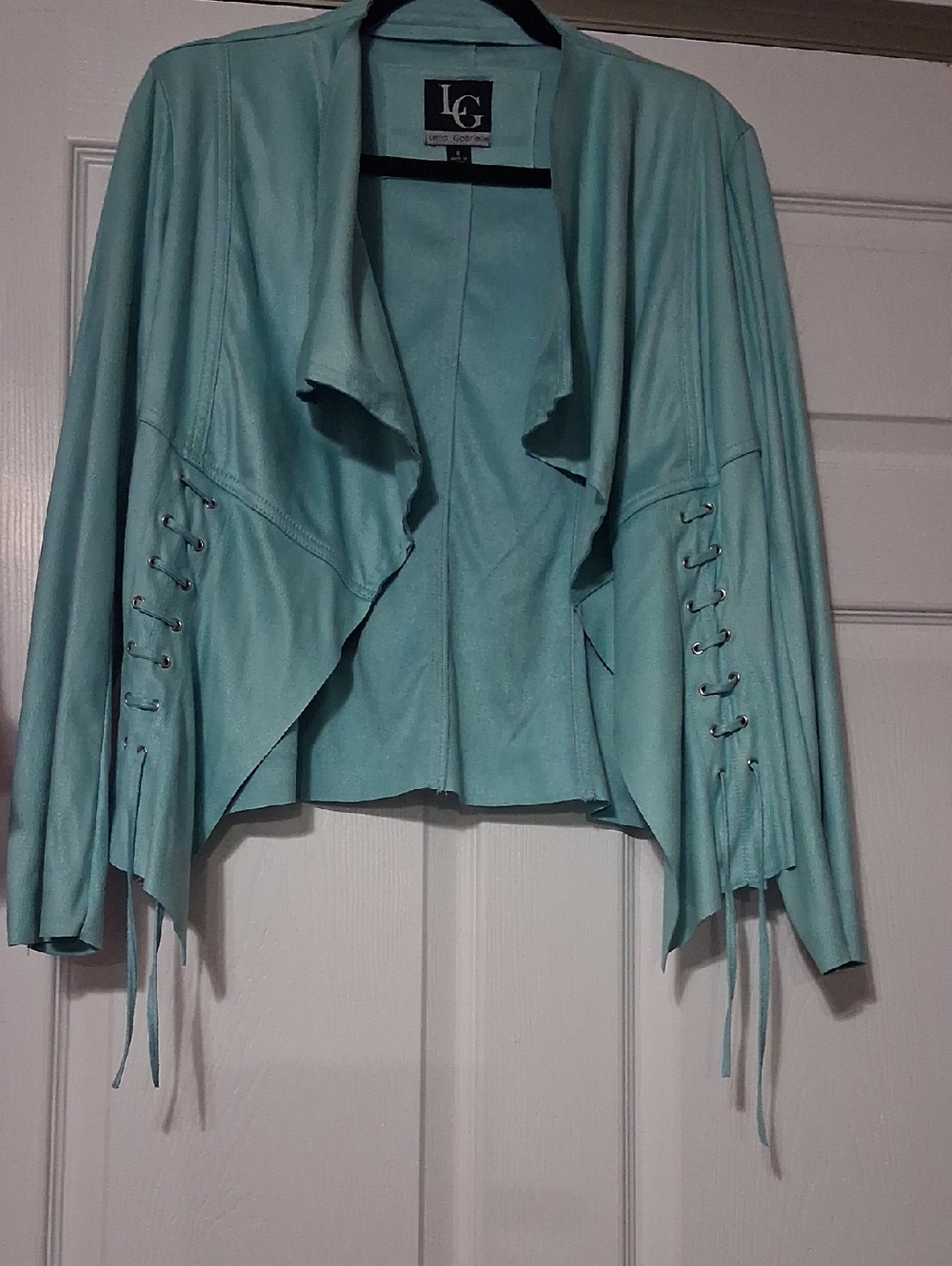 LG Aqua Vintage Faux Draped Leather Jacket with Lace-Up Sides, Sz 8 $48